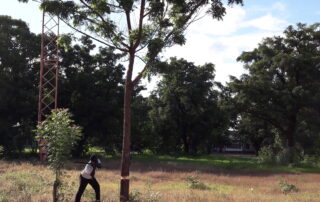 Ein Kursteilnehmer schlägt mit einer Machete auf einen Baum, der gefällt werden muss, um Platz für die Solaranlage zu schaffen.