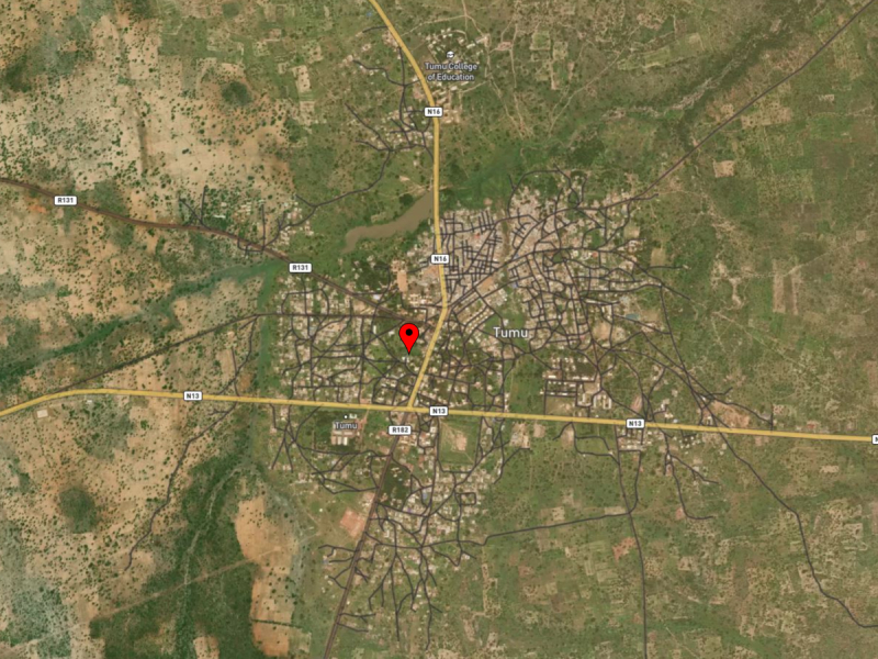 Satellitenansicht von Tumu mit hervorgehobenem Pin, der das SILAP Guesthouse markiert.