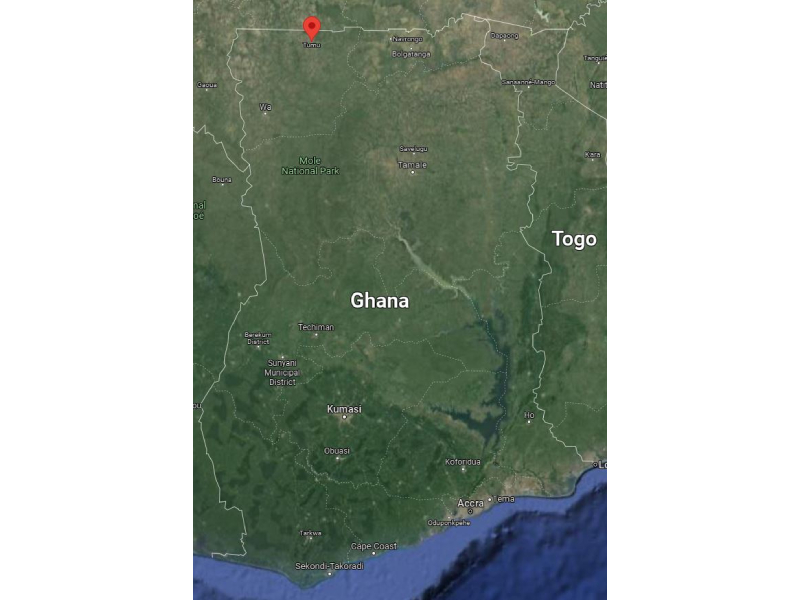 Satellitenansicht von Ghana mit hervorgehobenem Pin, der Tumu markiert.