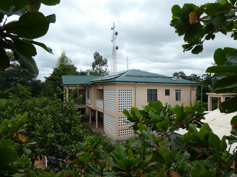 Managerhaus des SILAP Guesthouse in Tumu mit Solaranlage, aufgenommen vom Dach des neuen Hauses und umgeben von Blätterdach.